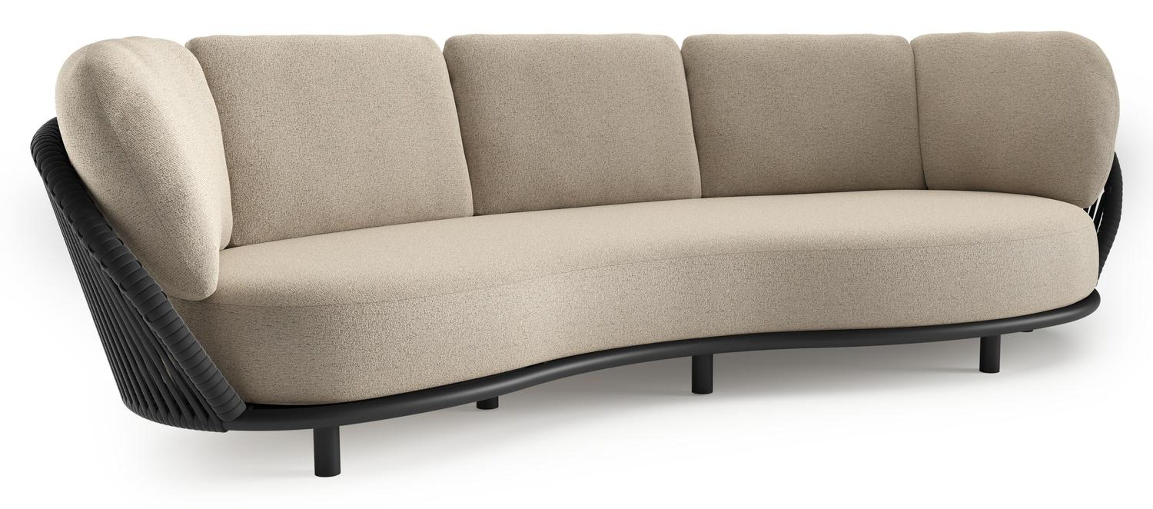 Lupino loungebank in zwart aluminium en zwart verticaal geweven luxe vlakke brede rope met marbella beige all weather cosytica kussen