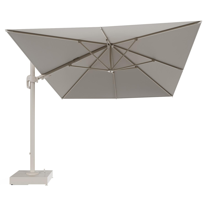 Rufina zweefparasol met tiltfunctie in beige aluminium en Lopi Marble All Weather Sunbrella® Luxe parasoldoek - L1 400 x L2 300 cm met parasolvoet Minore 150 kg met wielen