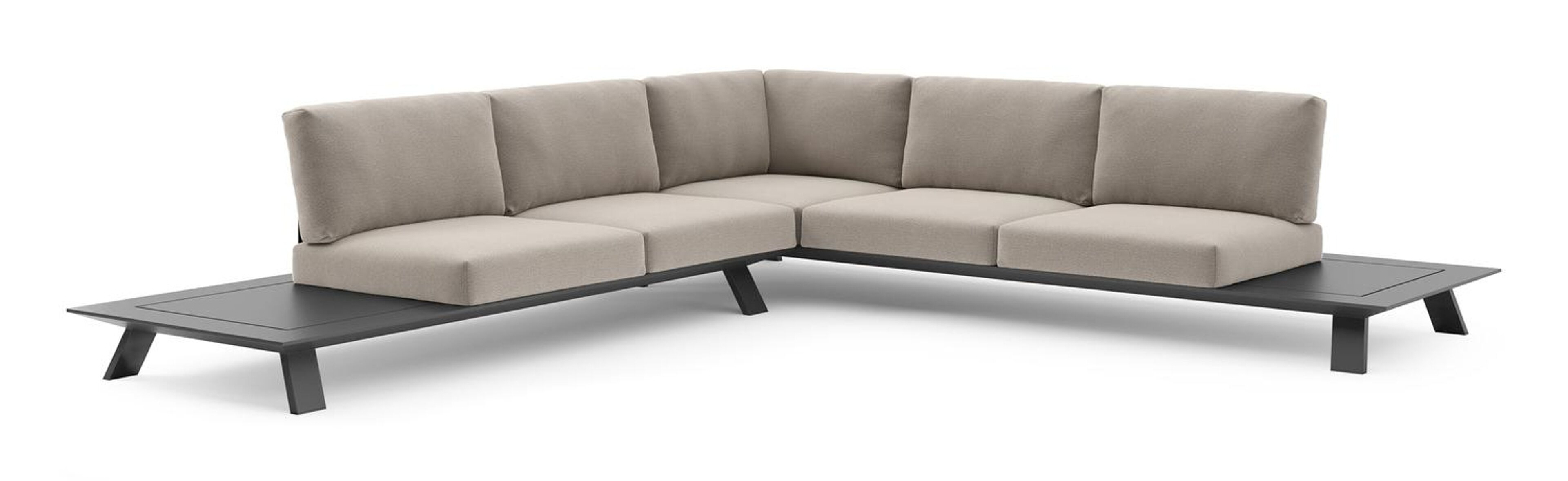 Salon de jardin d'angle Cesano en aluminium noir et coussin en all weather Sunbrella® luxe savane coconut