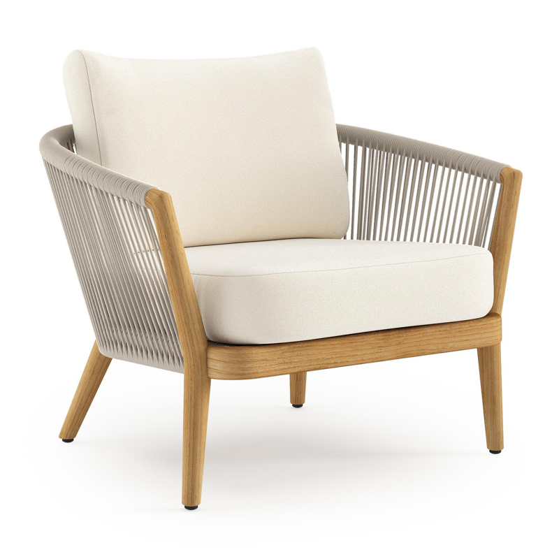 Orso loungestoel in teak en beige verticaal geweven ronde rope met Natte White all weather sunbrella® luxe kussen