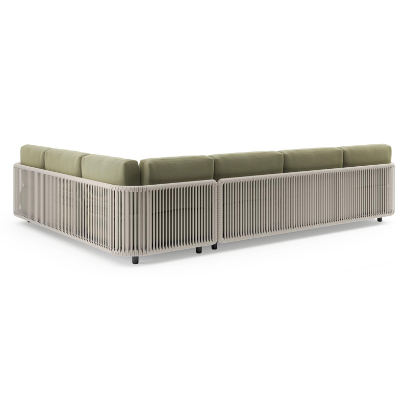 Organo loungehoek in zwart aluminium en beige verticaal geweven luxe vlakke rope met heritage leaf all weather Sunbrella® luxe kussen