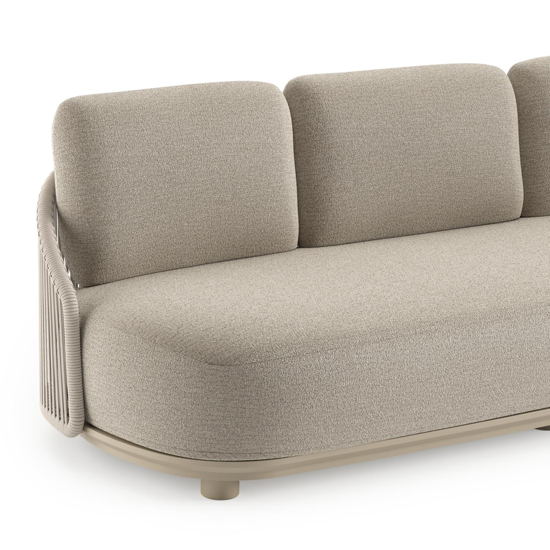 Canapé de jardin Vadelo en aluminium beige et corde ronde tissée verticalement beige et coussins en all weather cosytica catania greige