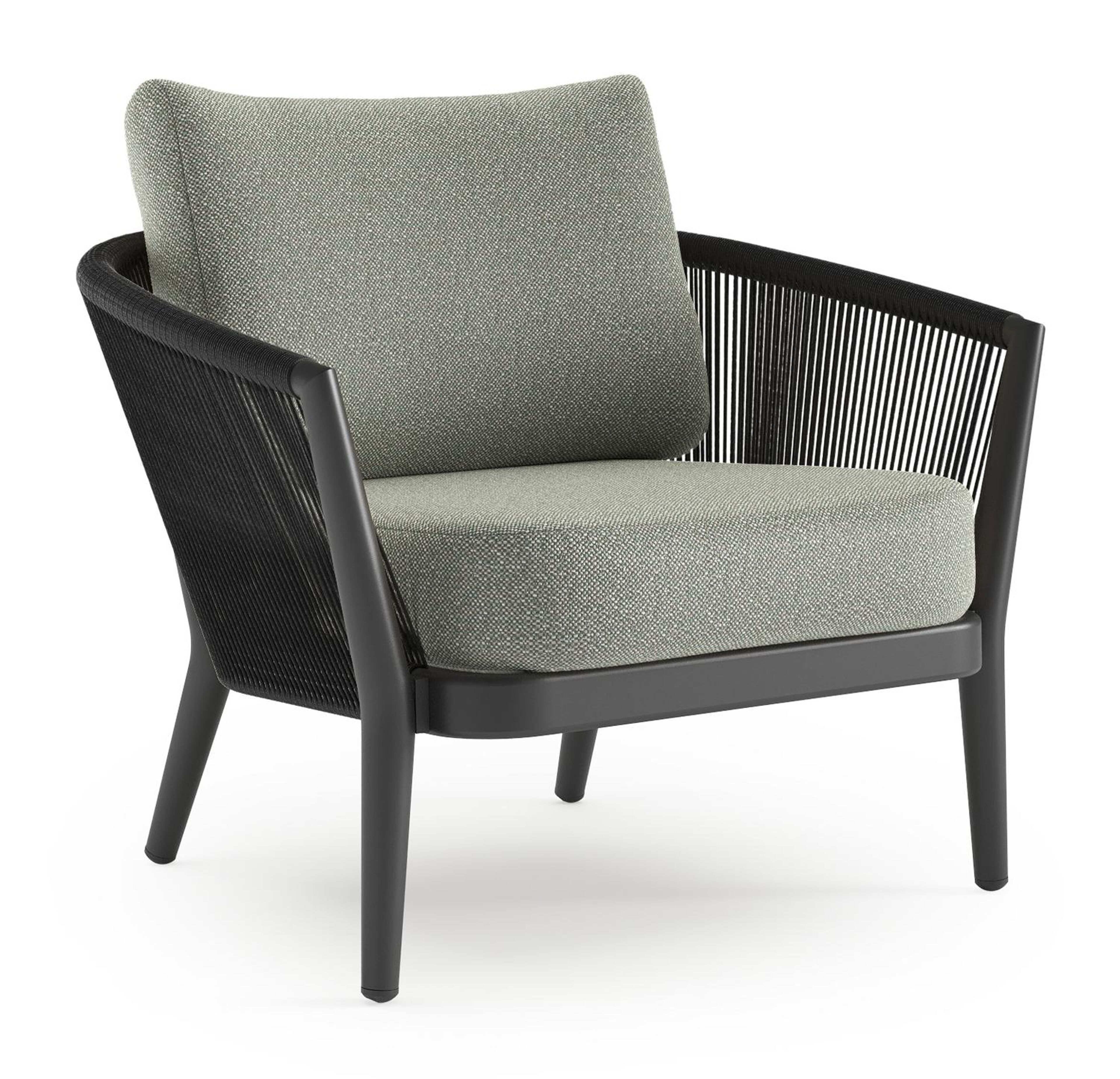 Orso loungestoel in zwart aluminium en zwart verticaal geweven ronde rope met Savane Leaf all weather sunbrella® luxe kussen