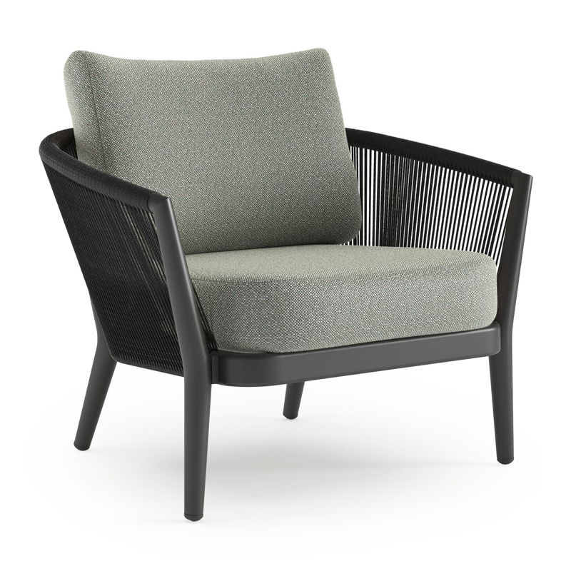 Orso loungestoel in zwart aluminium en zwart verticaal geweven ronde rope met Savane Leaf all weather sunbrella® luxe kussen