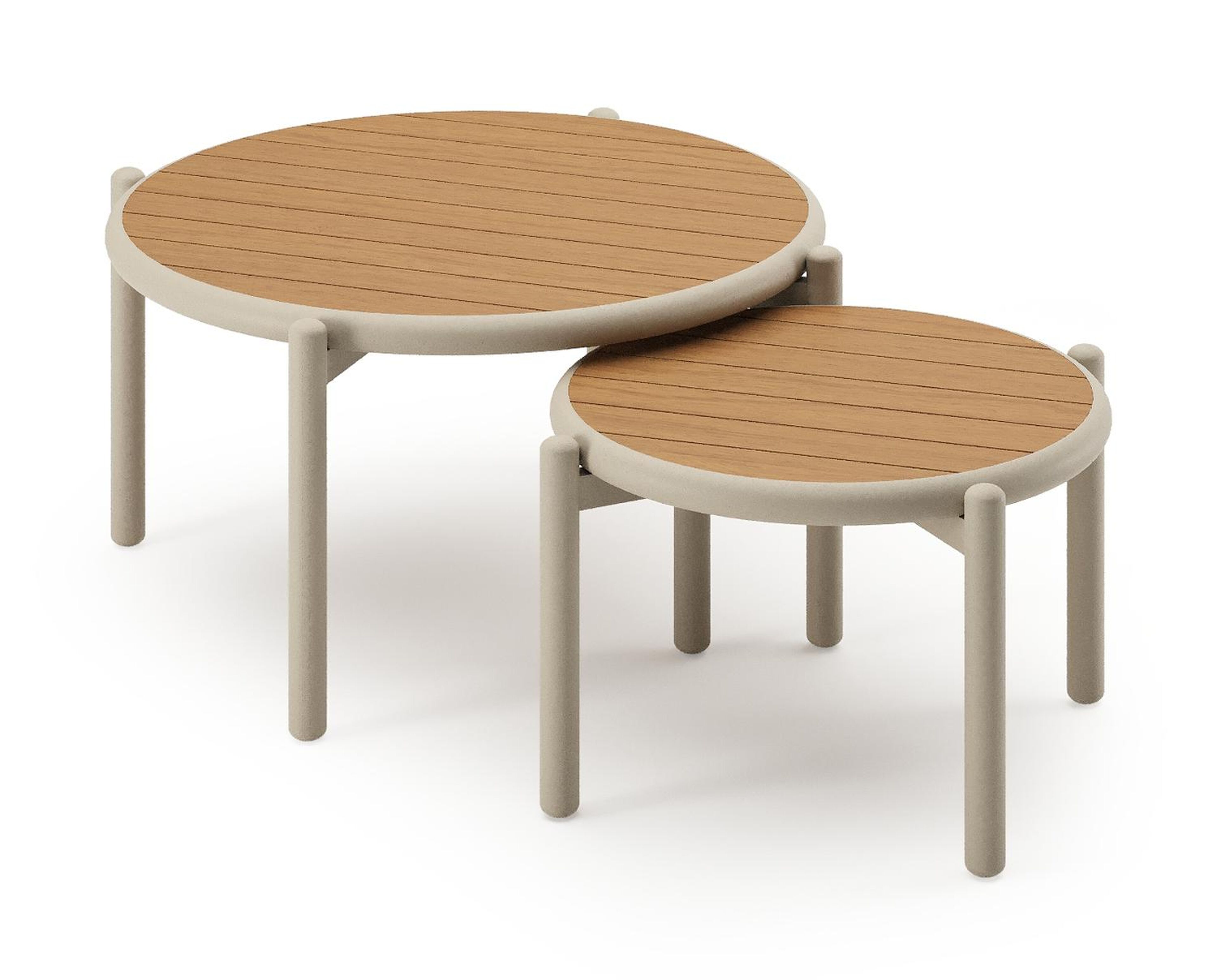 Pulo loungetafels in beige aluminium en polywood - Dia. 70 - 50 x H. 37.5 - Tafel 1: Dia. 70 x H 38 cm / Tafel 2: Dia. 50 x H 33 cm