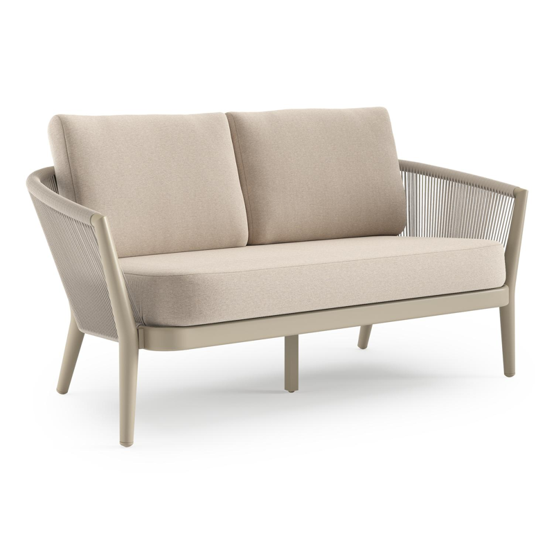 Orso loungebank in beige aluminium en beige verticaal geweven ronde rope met Heritage Ash all weather sunbrella® luxe kussen