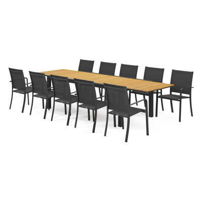 Ensemble de jardin Calobra avec table extensible en aluminium noir avec plateau de table en teck naturel et 10 chaises de jardin empilables Calobra
