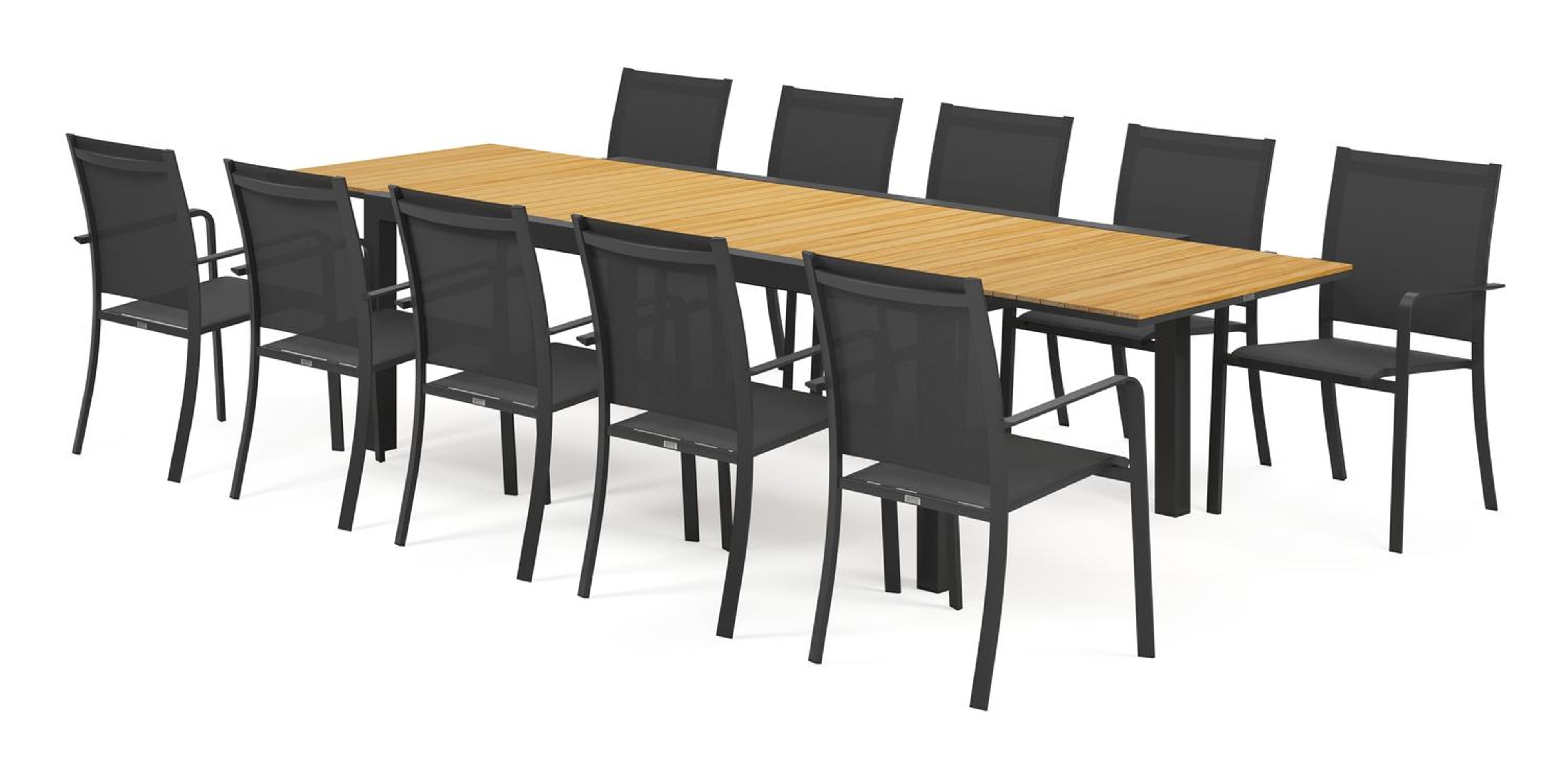 Calobra tuinset met verlengbare tafel in zwart aluminium en naturel teak tafelblad met 10 stapelbare Calobra tuinstoelen