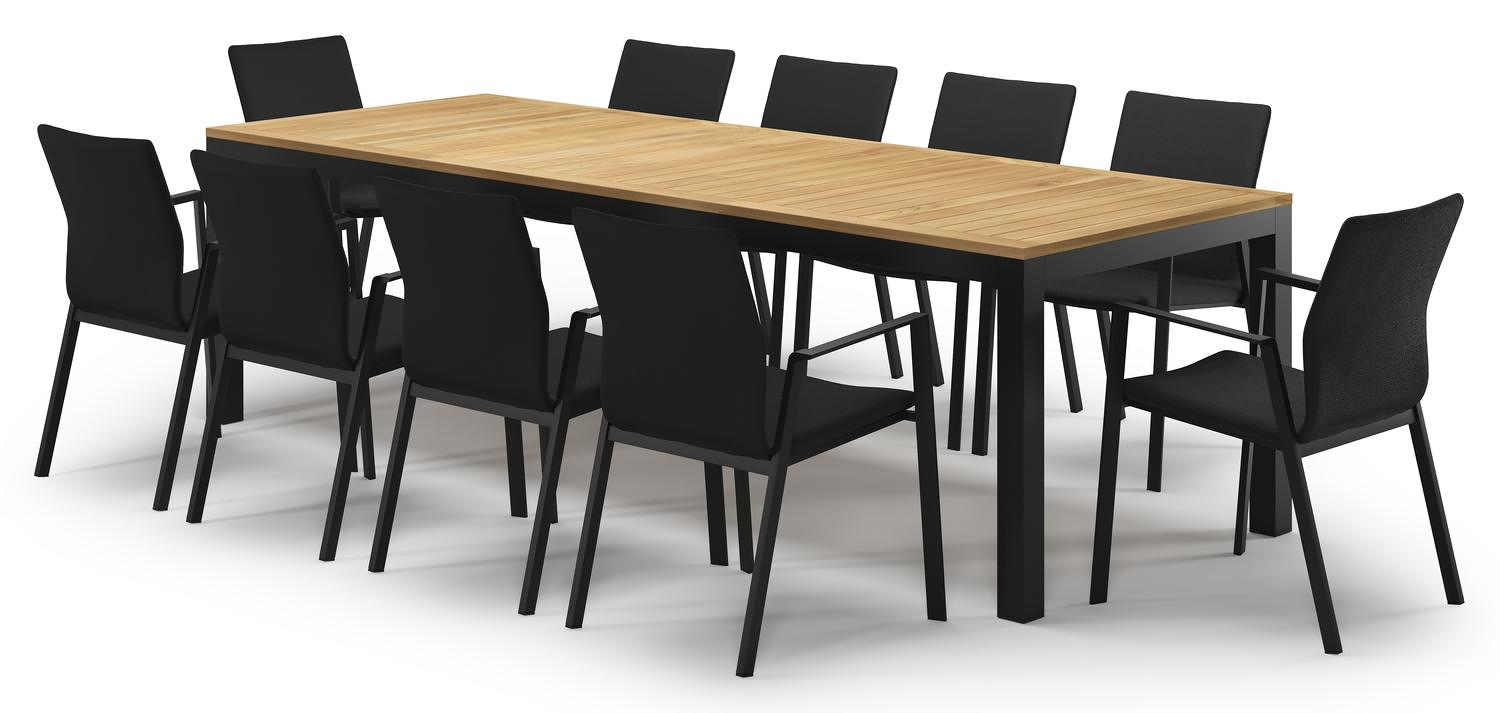 Varese tuinset in zwart aluminium en naturel teak tafelblad met 10 stapelbare Madura tuinstoelen