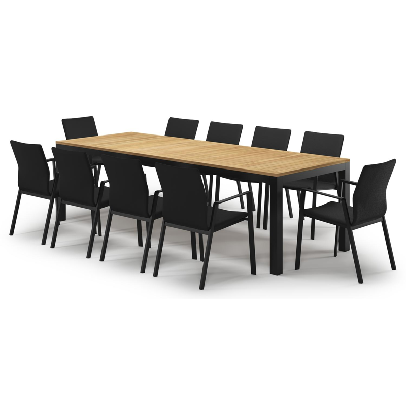 Varese tuinset in zwart aluminium en naturel teak tafelblad met 10 stapelbare Madura tuinstoelen