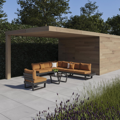 Alora loungehoek in zwart aluminium met pumpkin polyester kussens en loungetafel