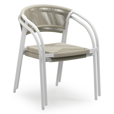 Melo stapelbare tuinstoel in wit aluminium en beige gedraaide ronde wicker
