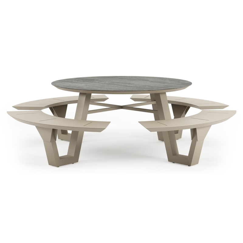 Rondino picknicktafel rond in beige aluminium en volkeramiek Aspen Grey - Dia. 148 x H 71.5 cm