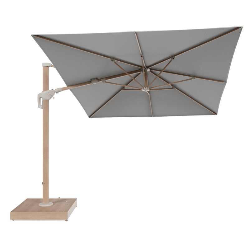 Minore zweefparasol met tiltfunctie in houtlook aluminium en Savane Nimbus All Weather Sunbrella® Luxe parasoldoek - L1: 400 x L2: 300 cm met parasolvoet Minore 260 kg met wielen