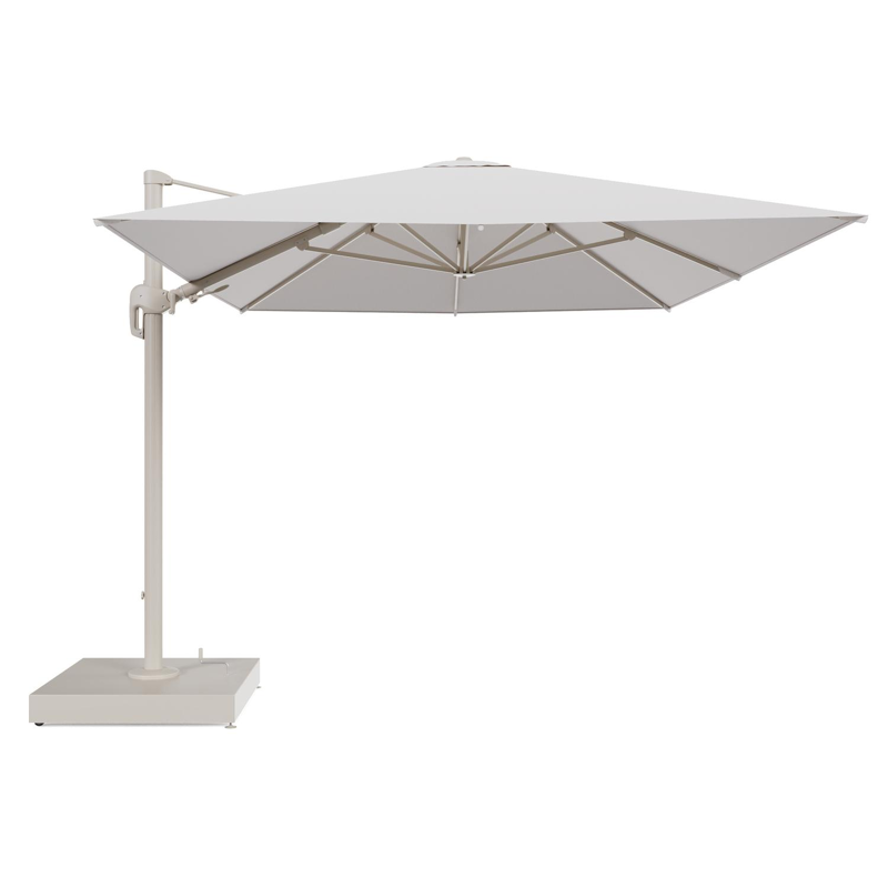 Rufina zweefparasol met tiltfunctie in beige aluminium en Ego Eggshell All Weather Solica parasoldoek - L1 400 x L2 300 cm met parasolvoet Minore 260 kg met wielen