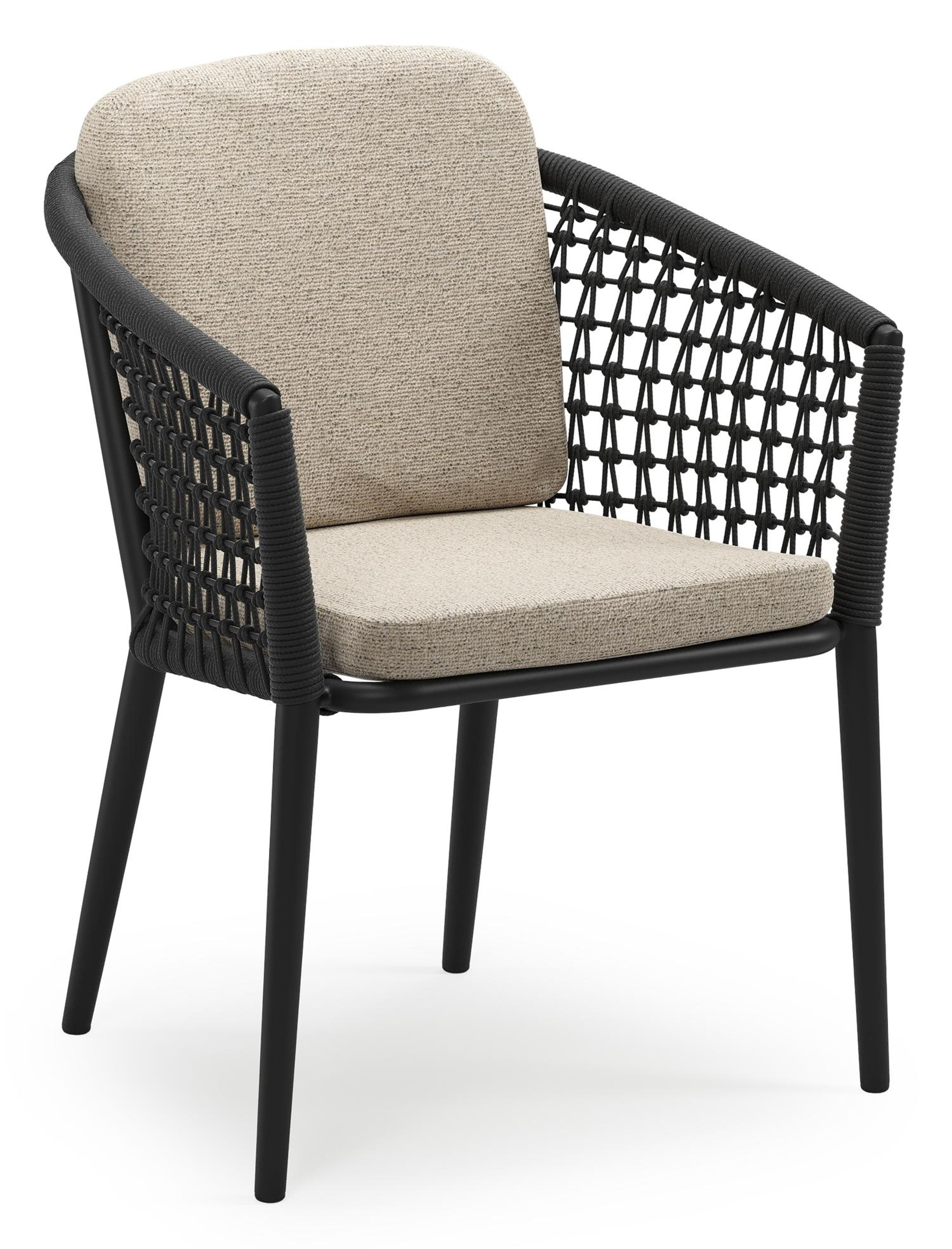 Chaise de jardin empilable Orso en aluminium noir et corde ronde tissée résille noir avec coussin en All Weather Cosytica Marbella Beige