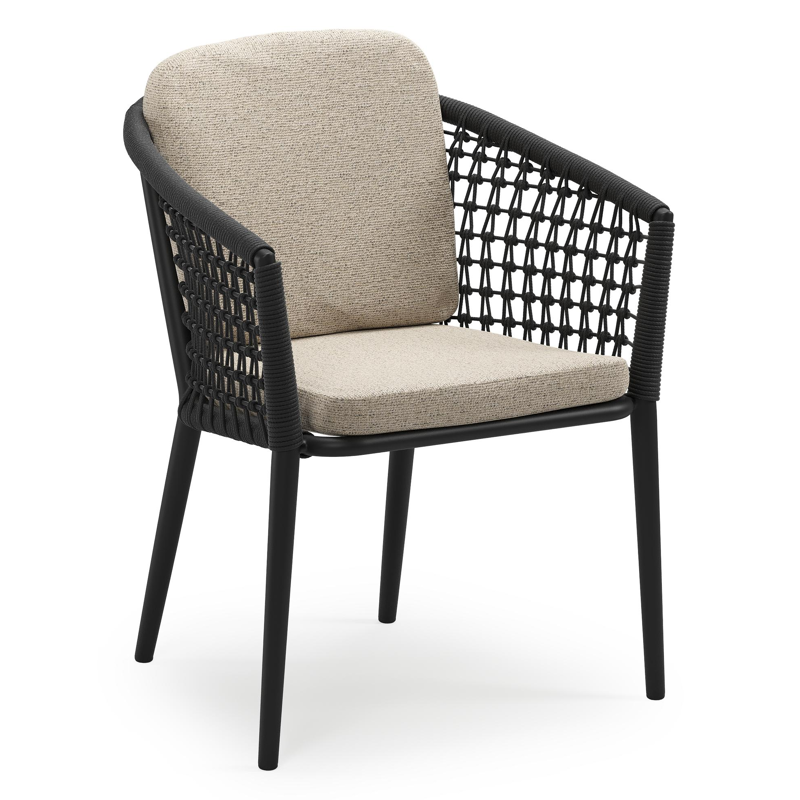 Chaise de jardin empilable Orso en aluminium noir et corde ronde tissée résille noir avec coussin en All Weather Cosytica Marbella Beige