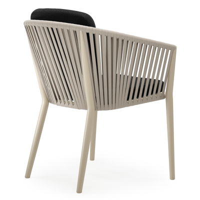 Chaise de jardin Orso en aluminium beige et corde plate tissée verticalement beige avec coussin en All Weather Sunbrella® Luxe Lopi Baribal