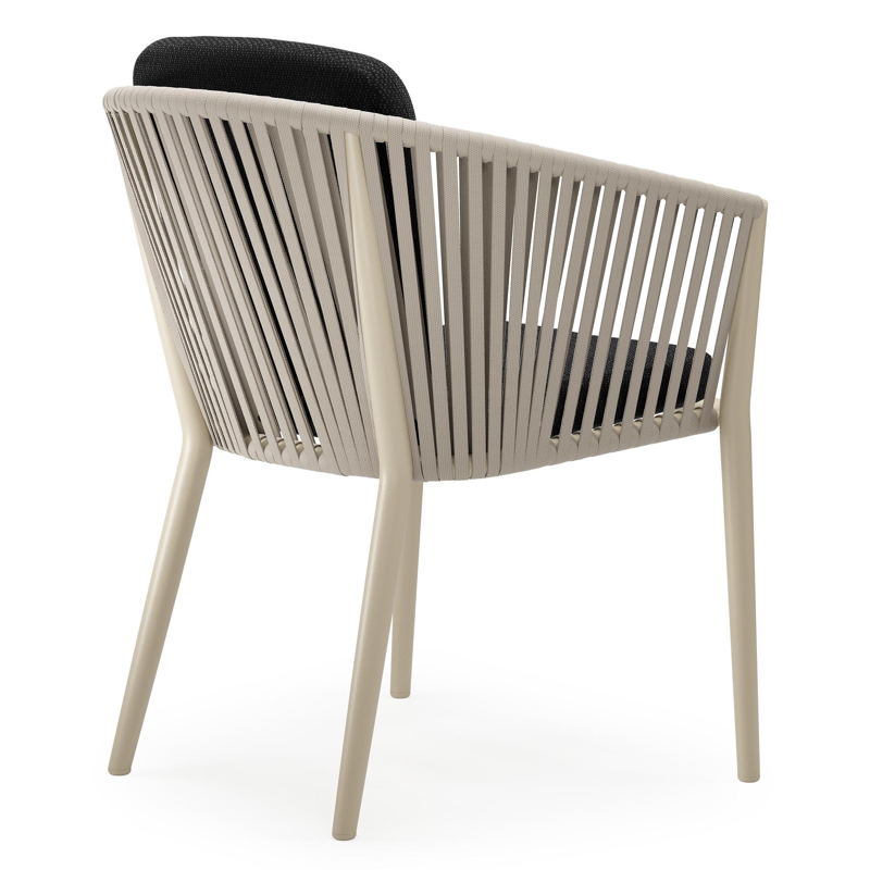 Chaise de jardin Orso en aluminium beige et corde plate tissée verticalement beige avec coussin en All Weather Sunbrella® Luxe Lopi Baribal