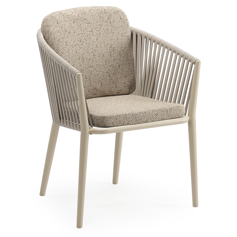 Chaise de jardin Orso en aluminium beige et corde plate tissée verticalement beige avec coussin luxe en All Weather Cosytica Bora Jungle