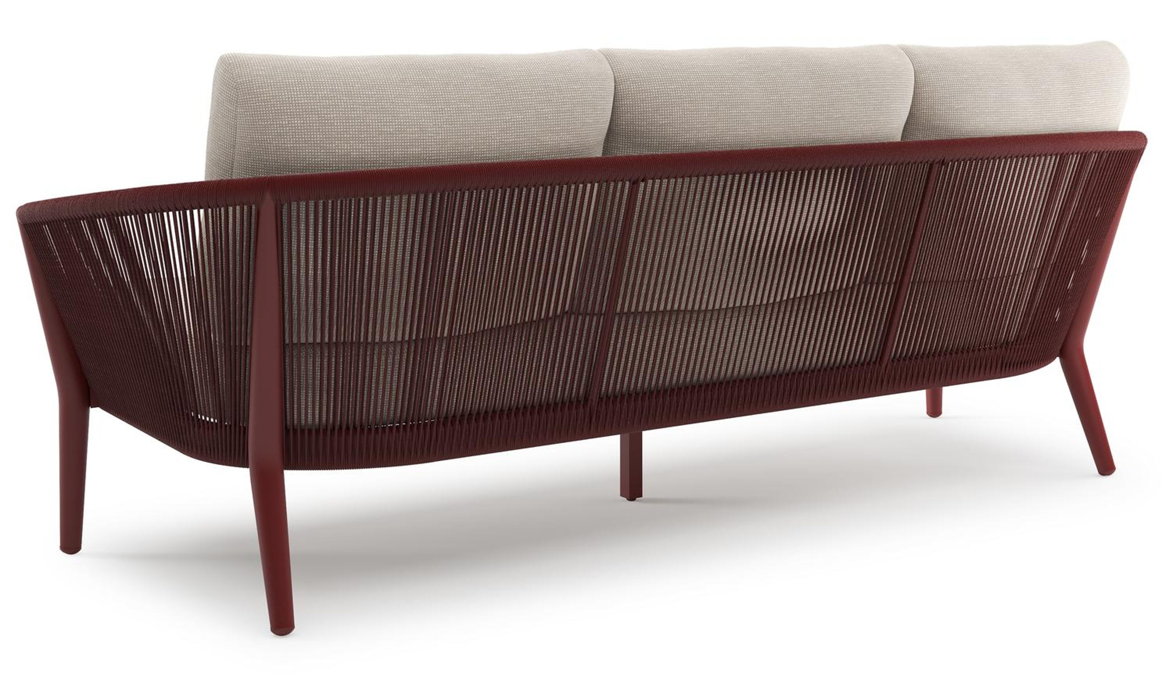 Orso loungebank in ruby aluminium en ruby verticaal geweven ronde rope met Slow Farafra all weather sunbrella® luxe kussen