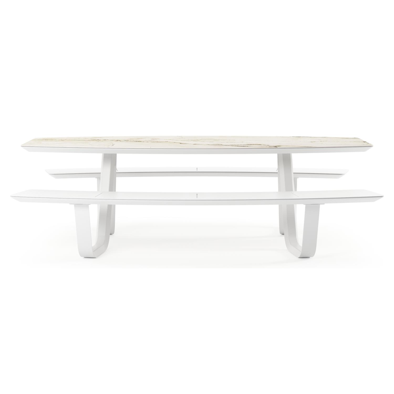 Table de pique-nique Forno forme de bateau en aluminium blanc et céramique pleine Colorado Dunes - Lg. 240 x Lrg. 181 x Haut. 72 cm