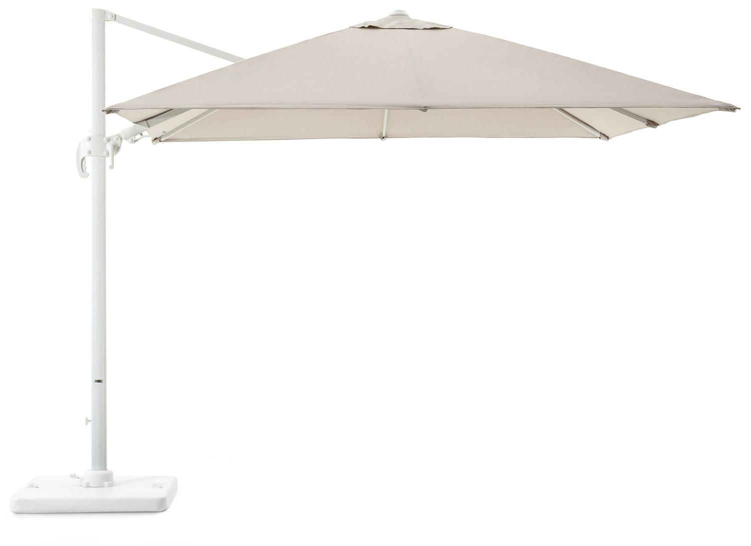 Avola zweefparasol met tiltfunctie in wit aluminium en Natte Graumel Chalk Sunbrella® Premium parasoldoek - L1 300 x L2 300 cm met Pedito parasolvoet 120 kg