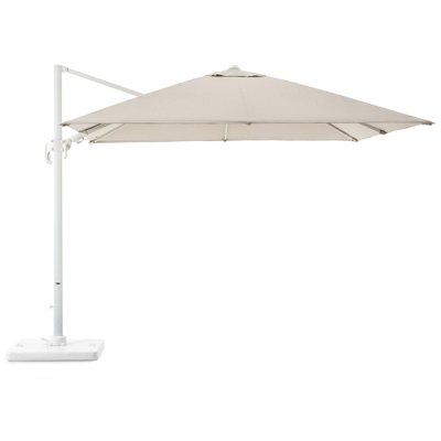 Avola zweefparasol met tiltfunctie in wit aluminium en Natte Graumel Chalk Sunbrella® Premium parasoldoek - L1 300 x L2 300 cm met Pedito parasolvoet 120 kg