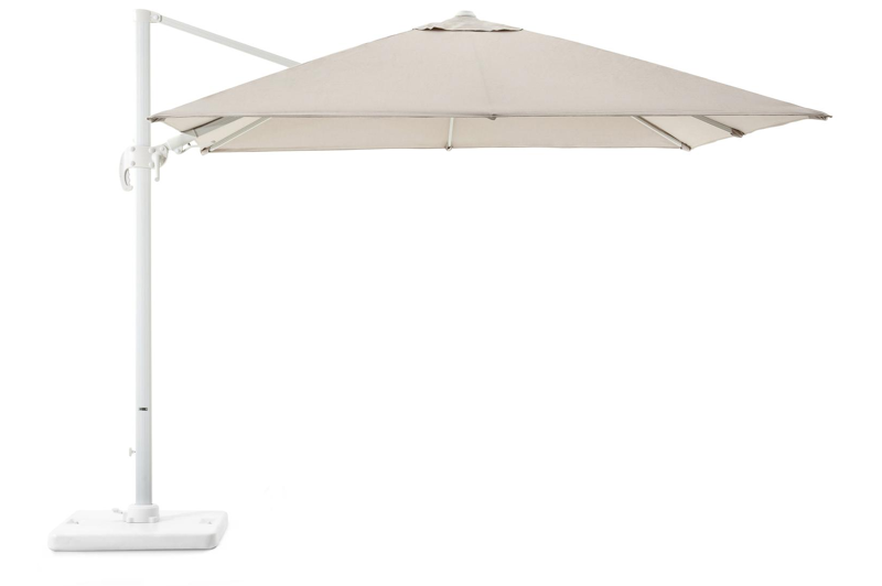 Avola zweefparasol met tiltfunctie in wit aluminium en Natte Graumel Chalk Sunbrella® Premium parasoldoek - L1 300 x L2 300 cm met Pedito parasolvoet 120 kg