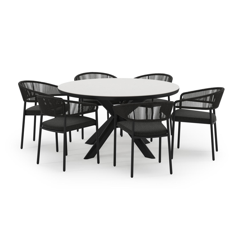 Pamplona tuinset in zwart aluminium en sintered stone Topo minerale met 6 Zamora tuinstoelen