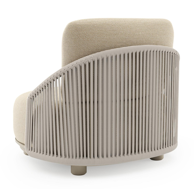 Vadelo loungestoel in beige aluminium en beige verticaal geweven ronde rope met althea camel all weather cosytica kussen