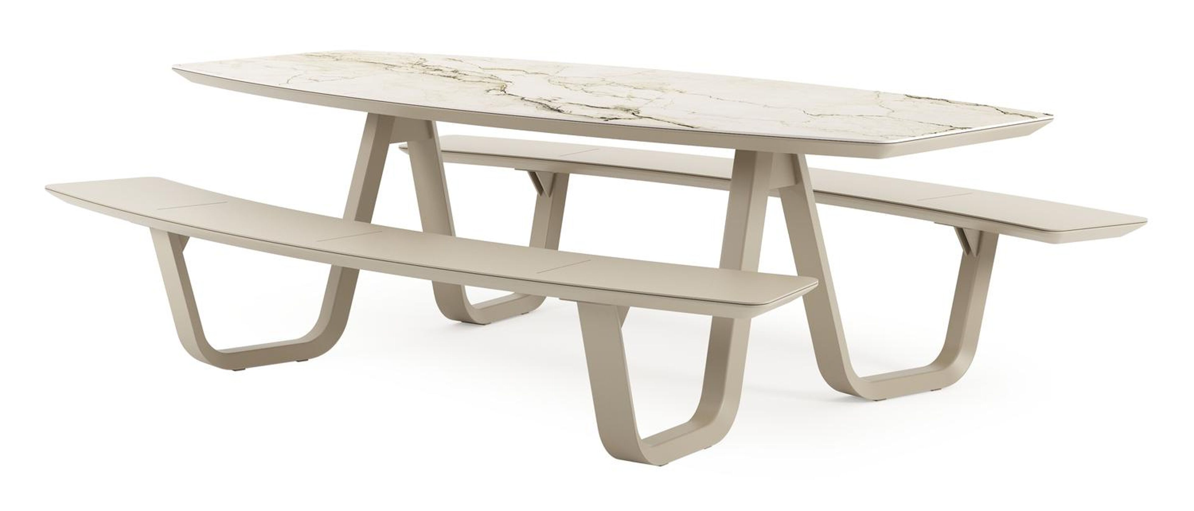 Table de pique-nique Forno forme de bateau en aluminium beige et céramique pleine colorado dunes - Lg. 240 x Lrg. 181 x Haut. 72 cm