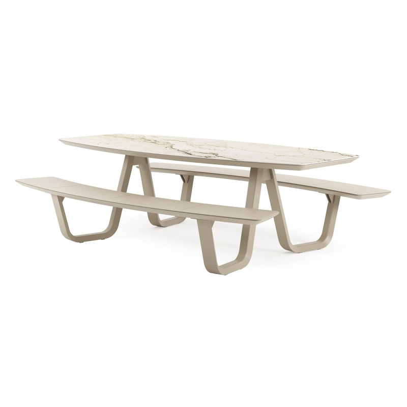 Table de pique-nique Forno forme de bateau en aluminium beige et céramique pleine colorado dunes - Lg. 240 x Lrg. 181 x Haut. 72 cm