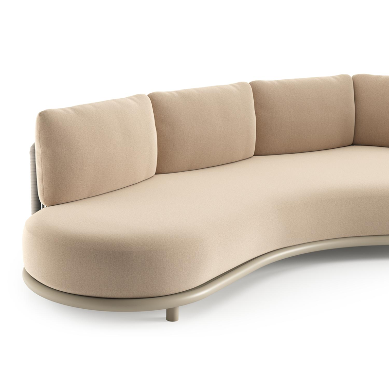 Canapé de jardin Lomano en aluminium beige et corde luxe plate tissée verticalement beige et coussins en all weather sunbrella® luxe natte heather beige