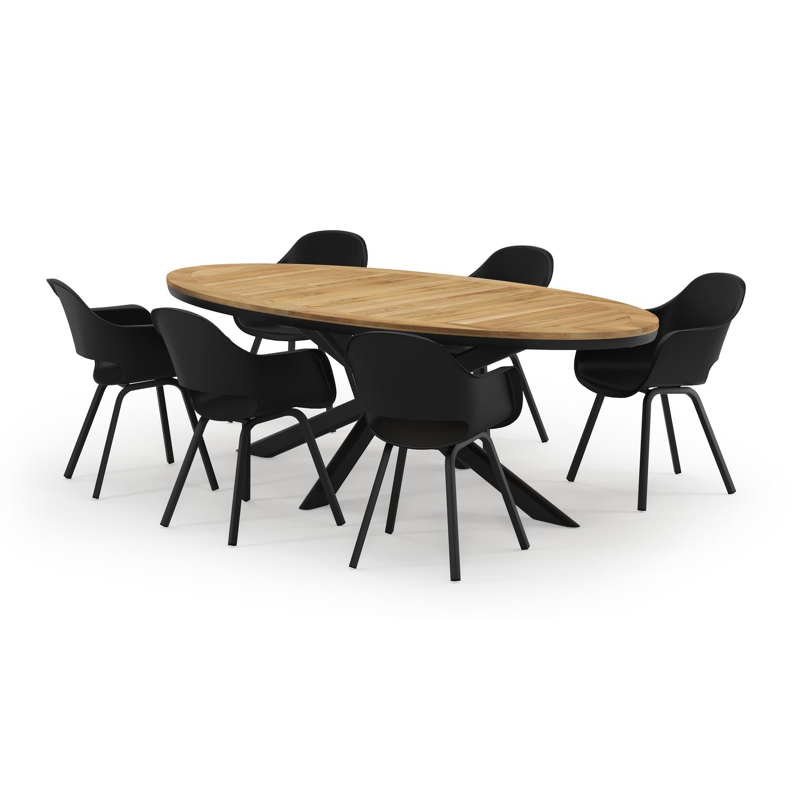 Pamplona ovale tuinset in zwart aluminium en teak natural finish met 6 Artena tuinstoelen