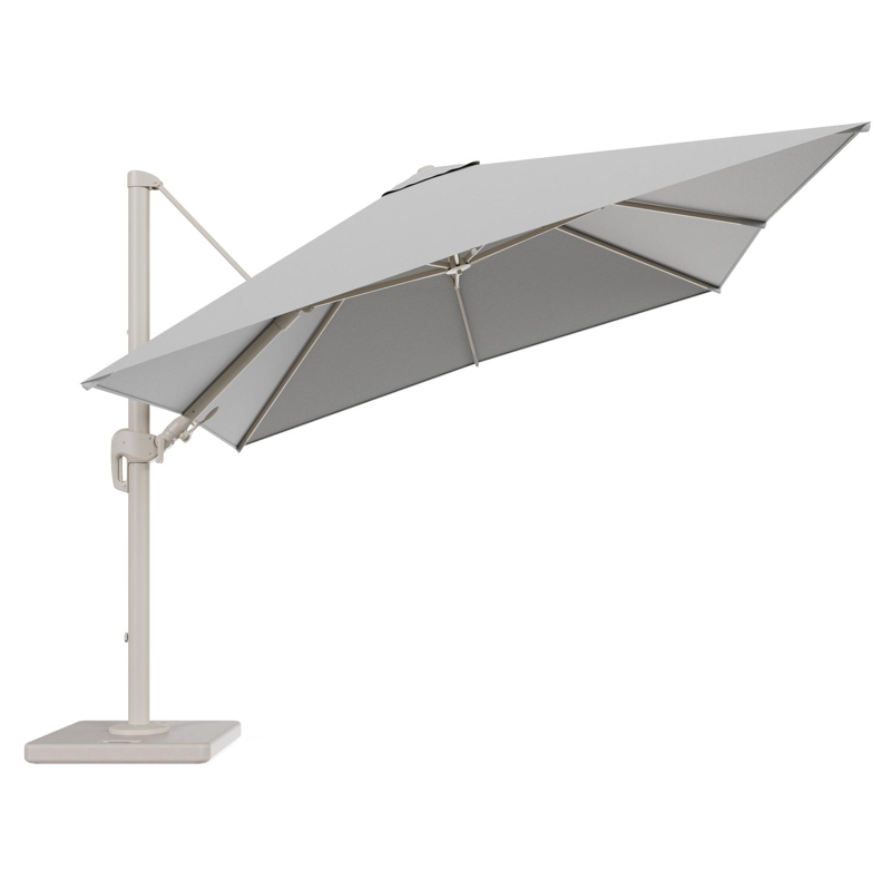 Rufina zweefparasol tiltfunctie in beige aluminium en parasoldoek in All Weather Sunbrella® Luxe Savane Nimbus - L1 300 x L2 300 cm met parasolvoet Lapido 120 kg