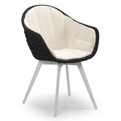 Pagino tuinstoel in wit aluminium en zwart ronde wicker met zitkussen in All Weather Cosytica Althea Off White