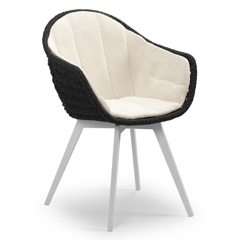 Pagino tuinstoel in wit aluminium en zwart ronde wicker met zitkussen in All Weather Cosytica Althea Off White