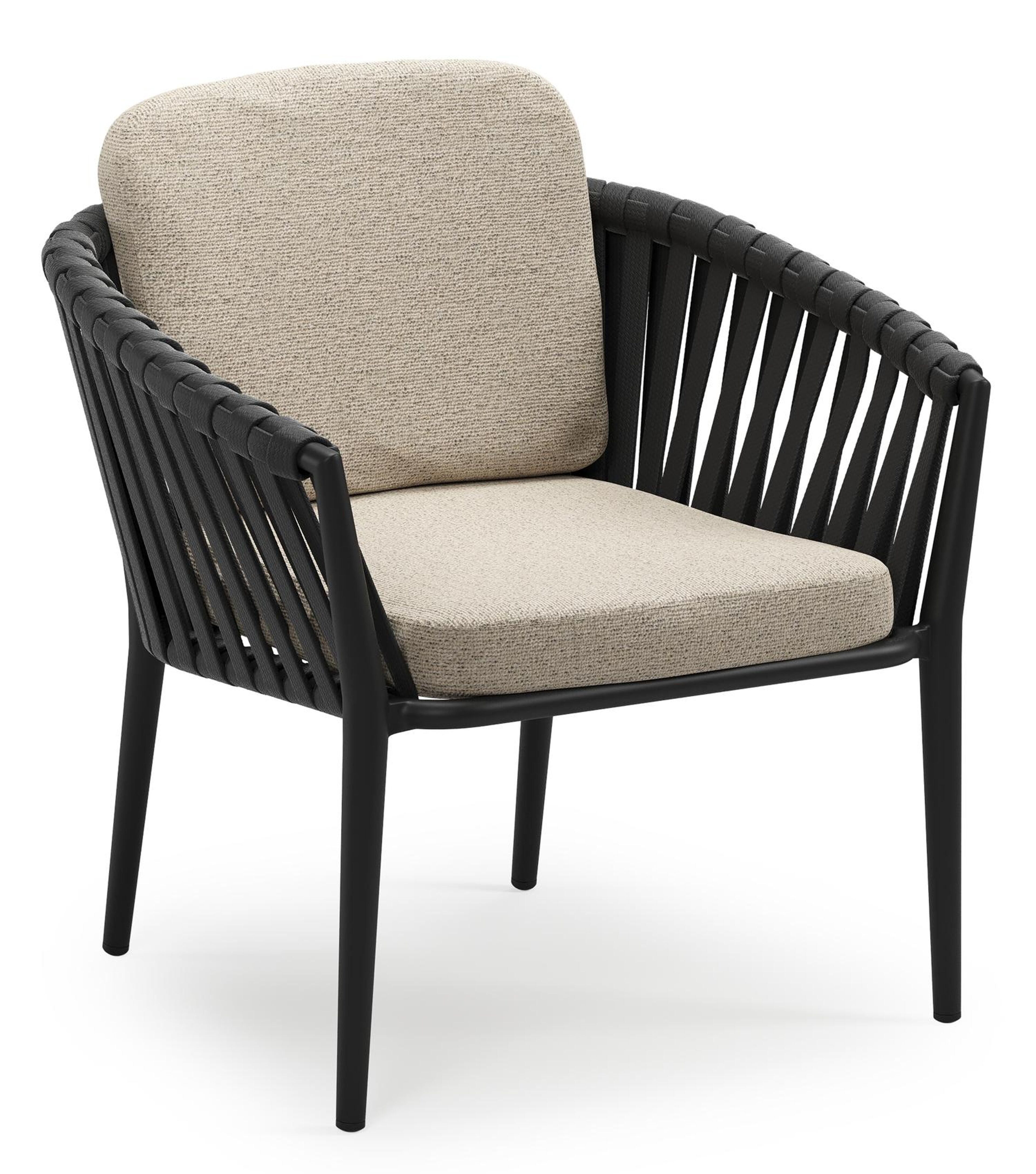 Orso low dining tuinstoel in zwart aluminium en zwart verticaal geweven luxe vlakke brede rope met stoelkussen in All Weather Cosytica Marbella Beige