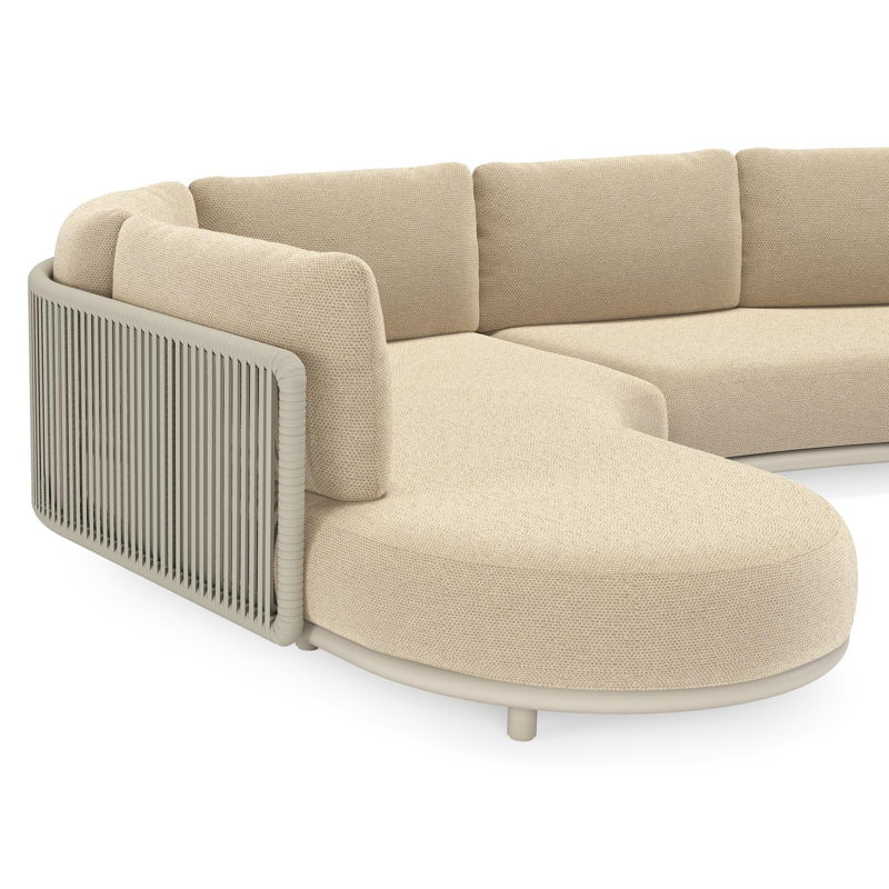 Lomano loungehoek in beige aluminium en beige verticaal geweven luxe vlakke rope met Althea Camel all weather cosytica