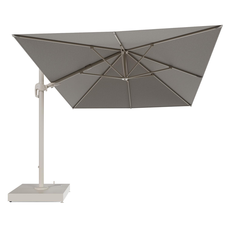 Rufina zweefparasol met tiltfunctie in beige aluminium en Firenze Sand All Weather Solica parasoldoek - L1 400 x L2 300 cm met parasolvoet Minore 260 kg met wielen