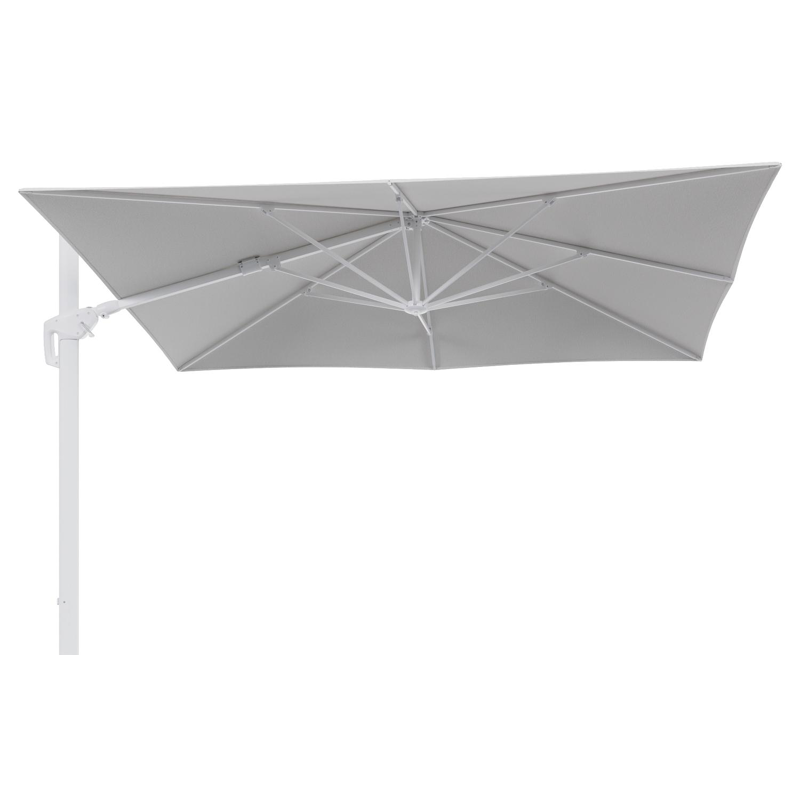 Parasol pendant Minore avec fonction tilt en aluminium blanc et toile de parasol en All Weather Sunbrella® Luxe Ego Birch  - Lg.1: 280 x Lg.2: 370 cm (sans pied de parasol