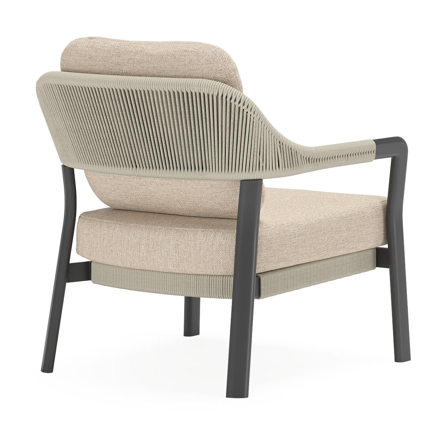 Set van 2 Tamariu loungestoelen in zwart aluminium en beige verticaal geweven ronde rope met Rustic Weather+ Softtouch kussen