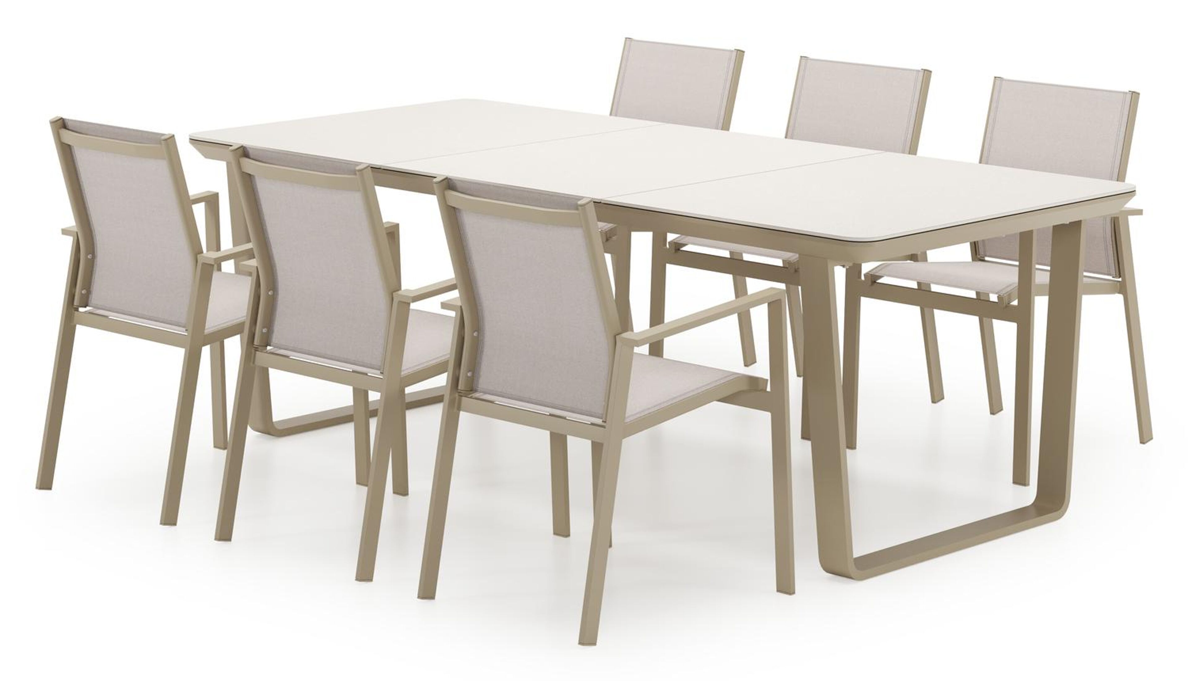 Ensemble de jardin Alora en aluminium beige et sintered stone beige avec 6 chaises de jardin empilable Bahia