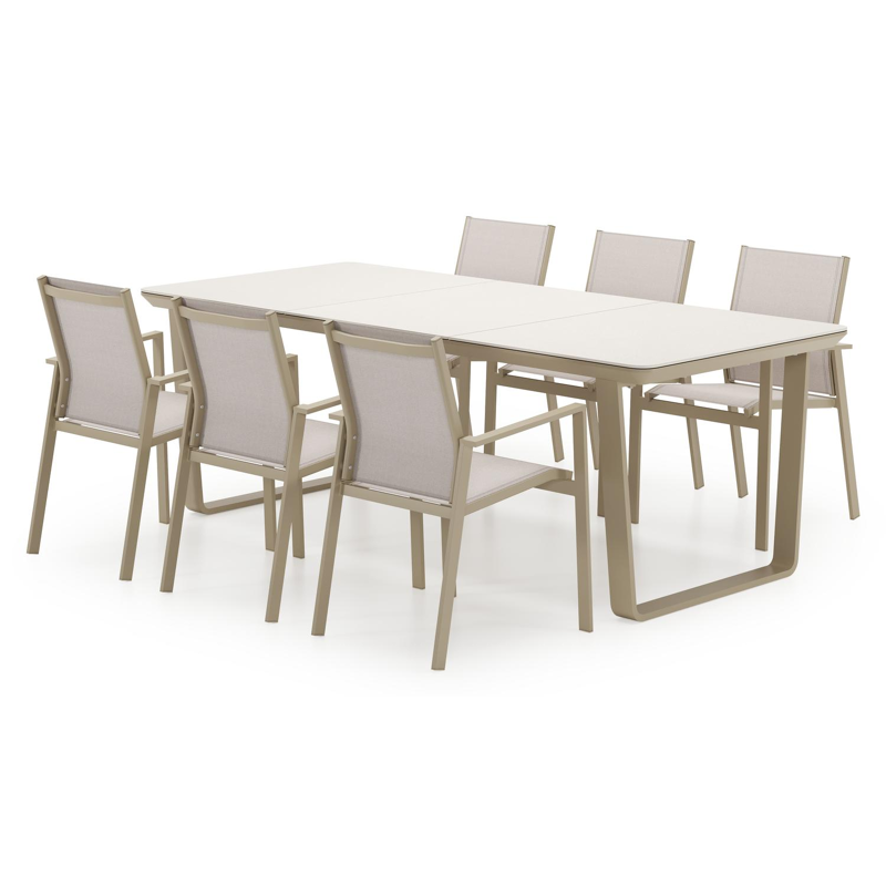 Ensemble de jardin Alora en aluminium beige et sintered stone beige avec 6 chaises de jardin empilable Bahia