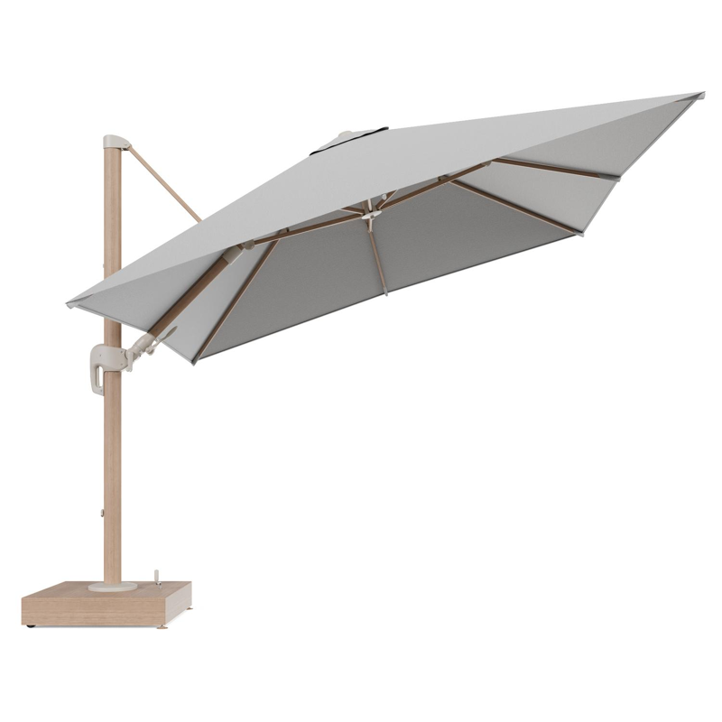 Rufina zweefparasol met tiltfunctie in houtlook aluminium en Savane Nimbus All Weather Sunbrella® Luxe parasoldoek - L1 300 x L2 300 cm met parasolvoet Minore 150 kg met wielen