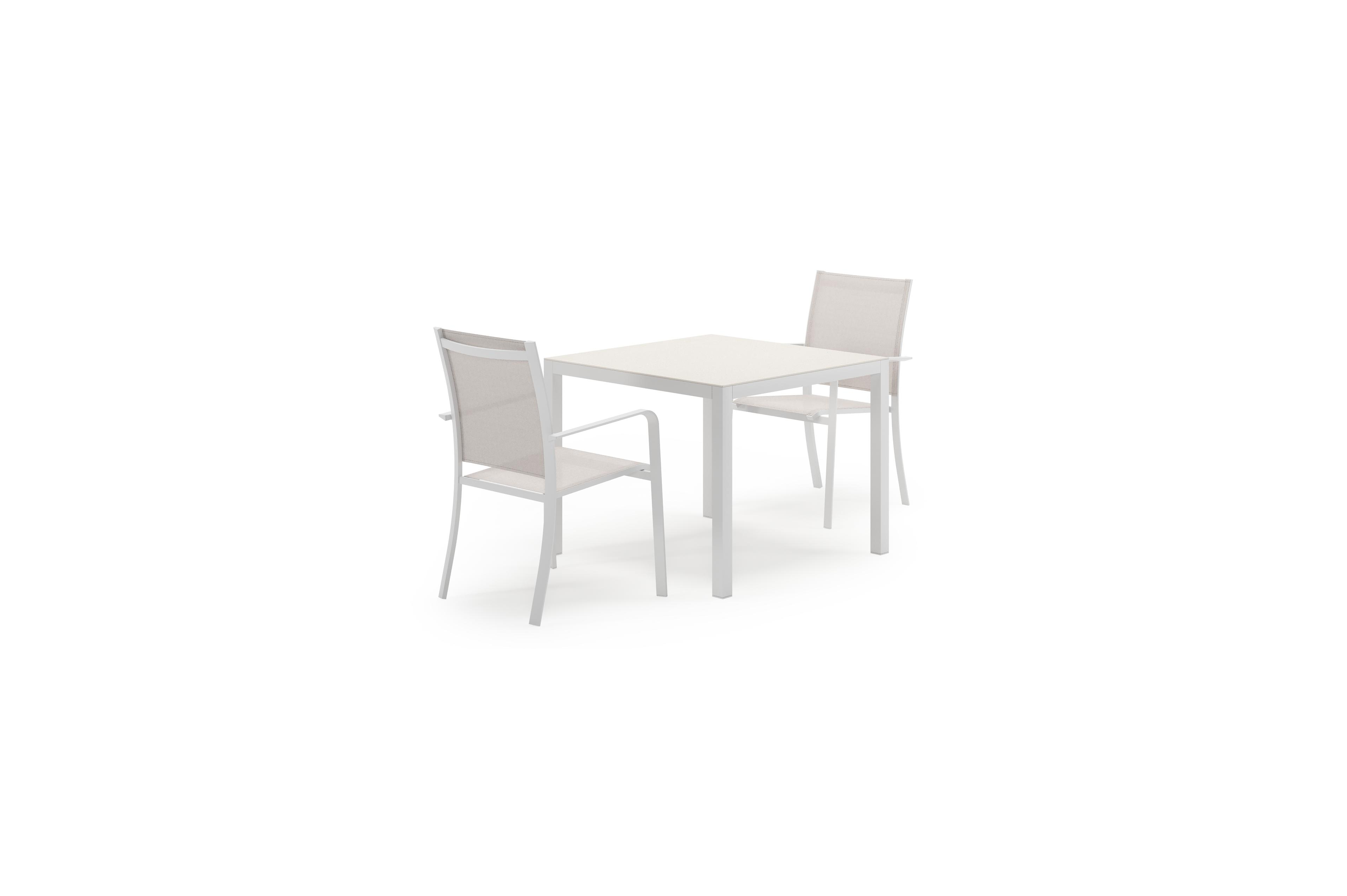 Feltro tuinset in wit aluminium en sintered stone Crema minerale met 2 Calobra tuinstoelen