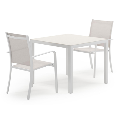 Feltro tuinset in wit aluminium en sintered stone Crema minerale met 2 Calobra tuinstoelen