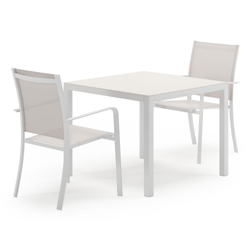 Feltro tuinset in wit aluminium en sintered stone Crema minerale met 2 Calobra tuinstoelen