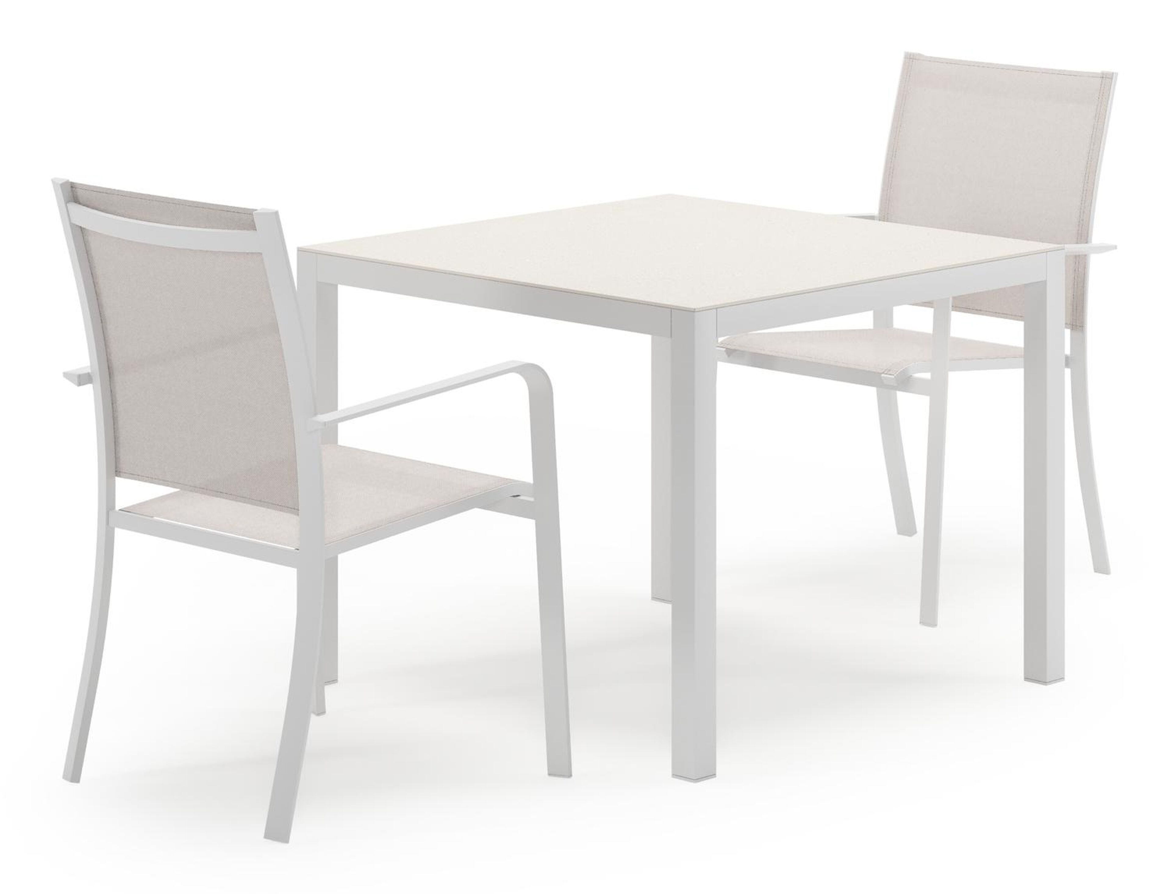 Feltro tuinset in wit aluminium en sintered stone Crema minerale met 2 Calobra tuinstoelen